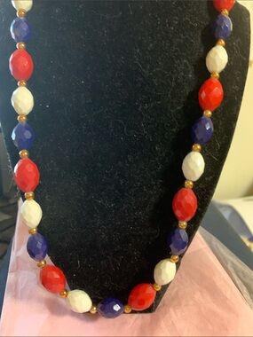 Red, White & Blue Faceted Bead Necklace with Gold Spacers - Unbranded